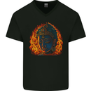 A Buddha Statue With Flames Mens V-Neck Cotton T-Shirt Black