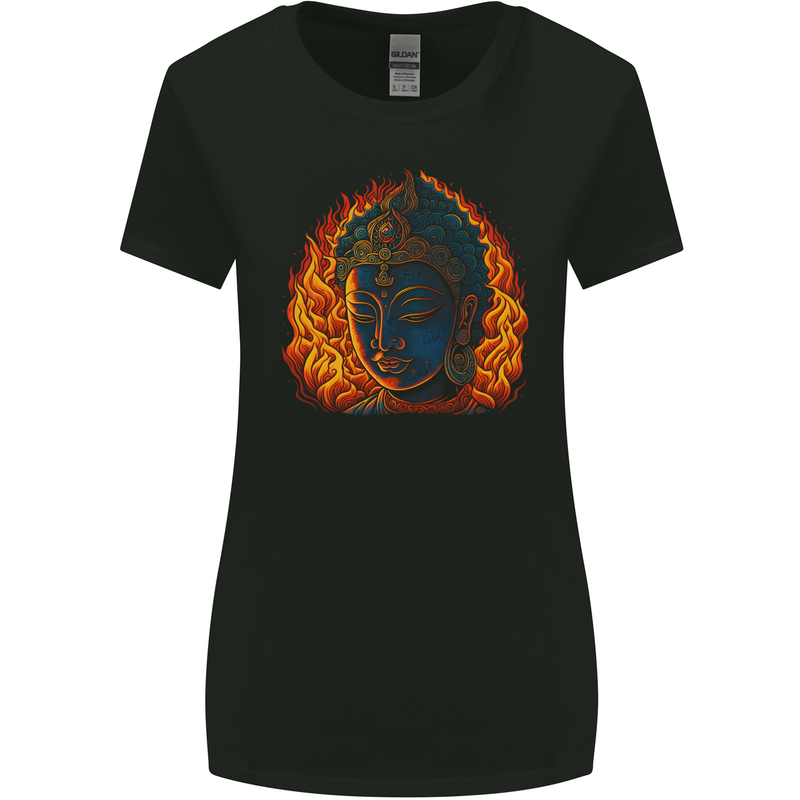 A Buddha Statue With Flames Womens Wider Cut T-Shirt Black