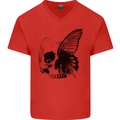 A Butterfly Skull Mens V-Neck Cotton T-Shirt Red