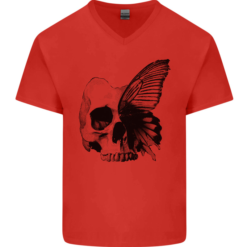 A Butterfly Skull Mens V-Neck Cotton T-Shirt Red