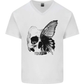A Butterfly Skull Mens V-Neck Cotton T-Shirt White