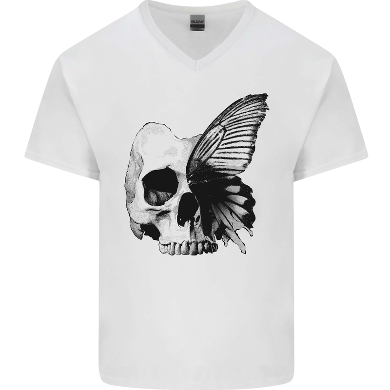 A Butterfly Skull Mens V-Neck Cotton T-Shirt White
