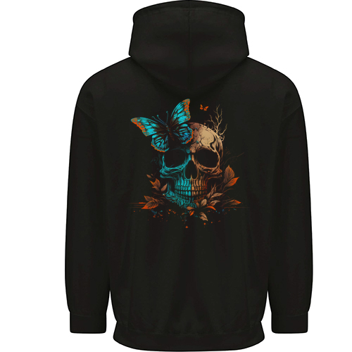 A Butterfly Skull in the Wild Mens Womens Kids Unisex Black Zip Up Hoodie Back Print