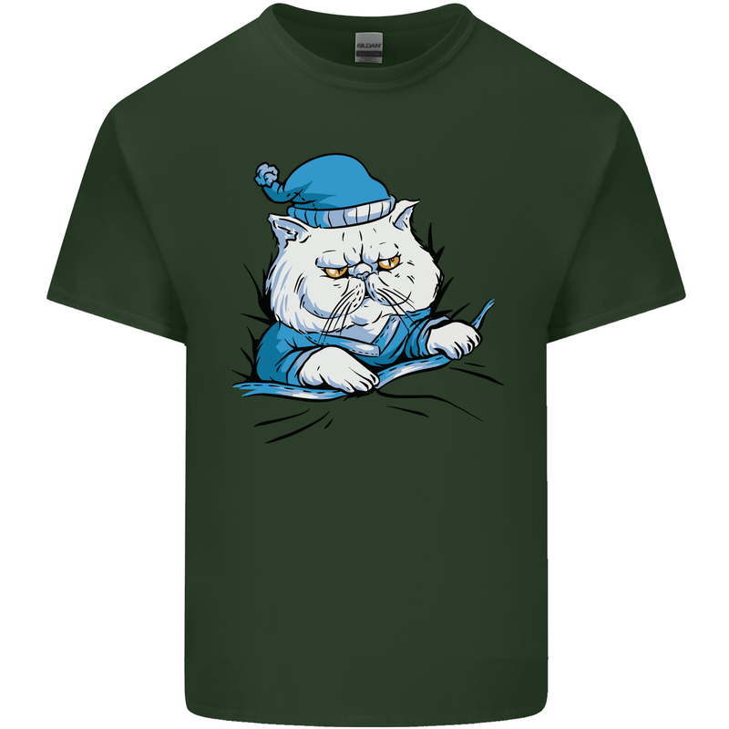 A Cat In Bed Under the Duvet Mens Cotton T-Shirt Tee Top Forest Green