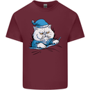 A Cat In Bed Under the Duvet Mens Cotton T-Shirt Tee Top Maroon