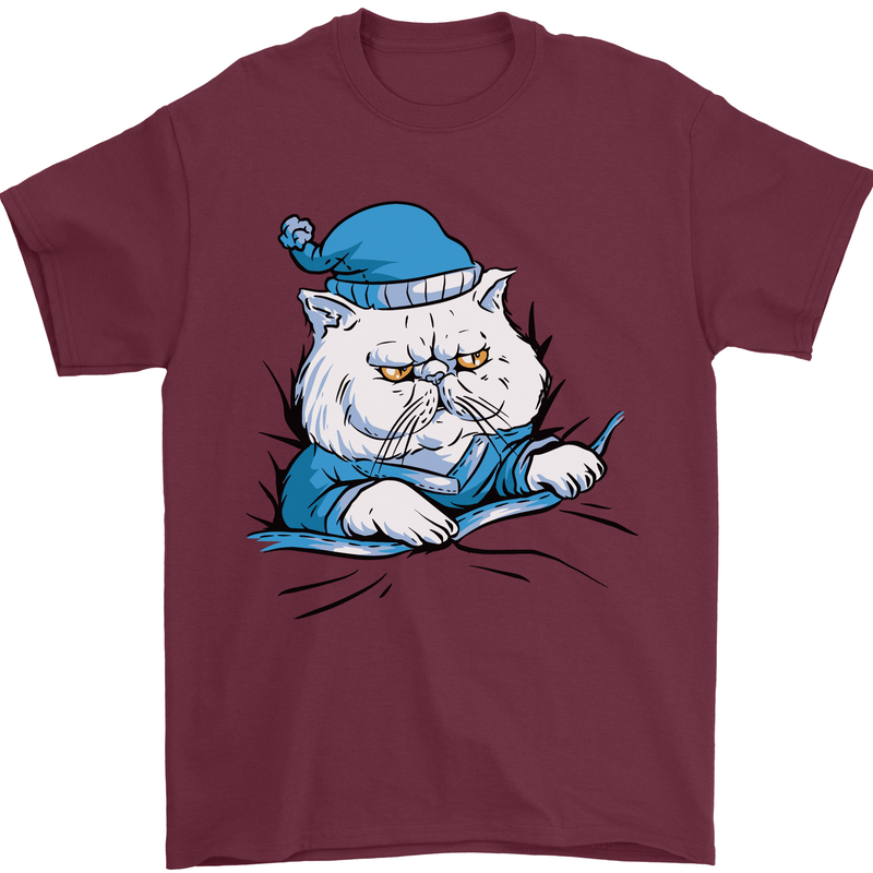 A Cat In Bed Under the Duvet Mens T-Shirt Cotton Gildan Maroon