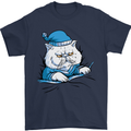 A Cat In Bed Under the Duvet Mens T-Shirt Cotton Gildan Navy Blue