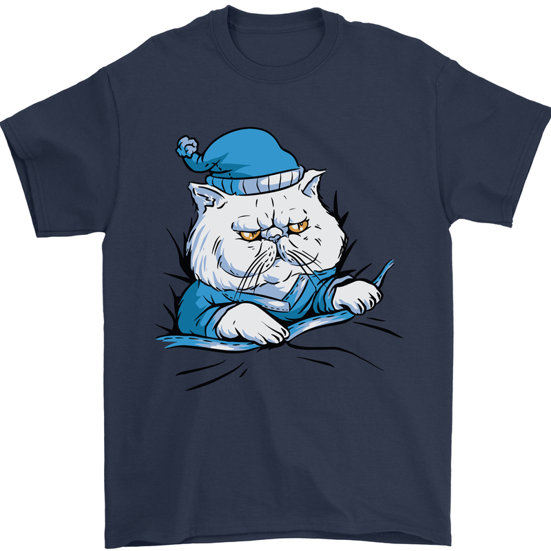 A Cat In Bed Under the Duvet Mens T-Shirt Cotton Gildan Navy Blue