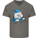 A Cat In Bed Under the Duvet Mens V-Neck Cotton T-Shirt Charcoal