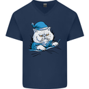 A Cat In Bed Under the Duvet Mens V-Neck Cotton T-Shirt Navy Blue