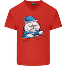 A Cat In Bed Under the Duvet Mens V-Neck Cotton T-Shirt Red