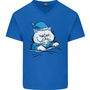 A Cat In Bed Under the Duvet Mens V-Neck Cotton T-Shirt Royal Blue