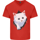 A Cat Rip Mens V-Neck Cotton T-Shirt Red
