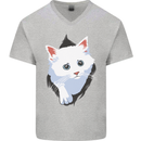 A Cat Rip Mens V-Neck Cotton T-Shirt Sports Grey