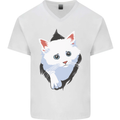 A Cat Rip Mens V-Neck Cotton T-Shirt White