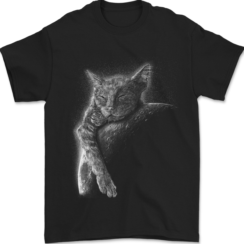 A Cat Sleeping on the Moon Mens T-Shirt 100% Cotton Black