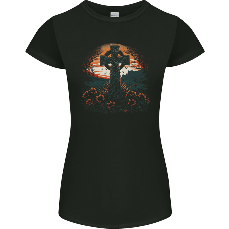A Celtic Cross At Sunset Gothic Womens Petite Cut T-Shirt Black