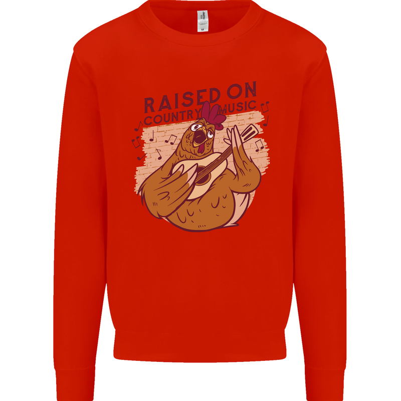 A Chicken Raised on Country Music Mens Sweatshirt Jumper Bright Red