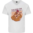 A Chicken Raised on Country Music Mens V-Neck Cotton T-Shirt White