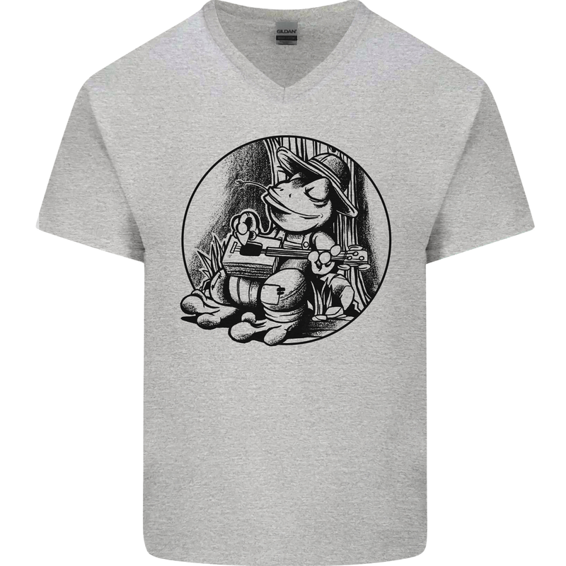 A Chilled Frog Playing the Guitar Guitarist Mens V-Neck Cotton T-Shirt Sports Grey