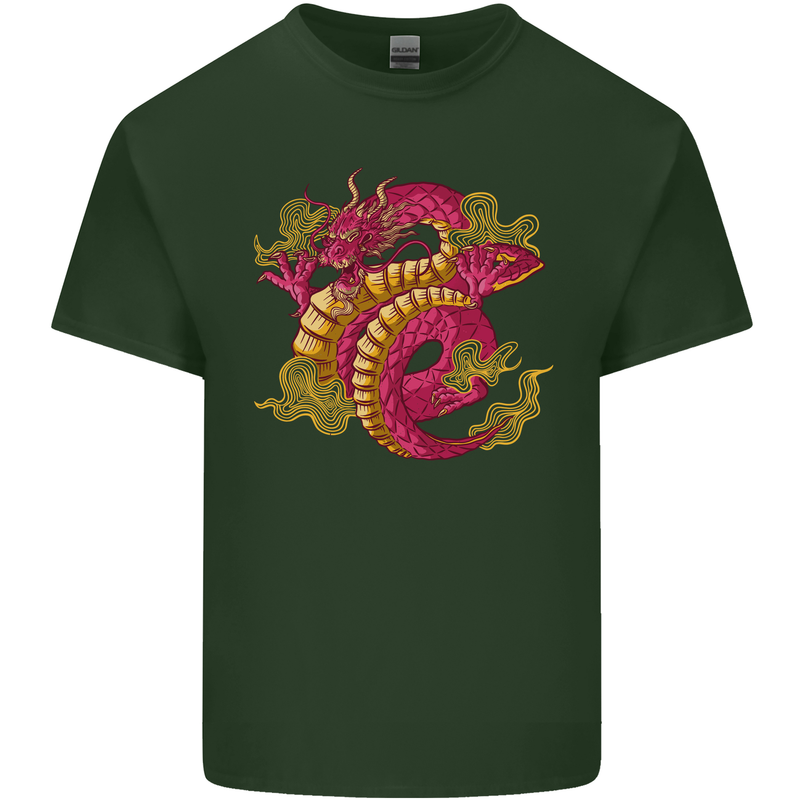 A Chinese Dragon Mens Cotton T-Shirt Tee Top Forest Green