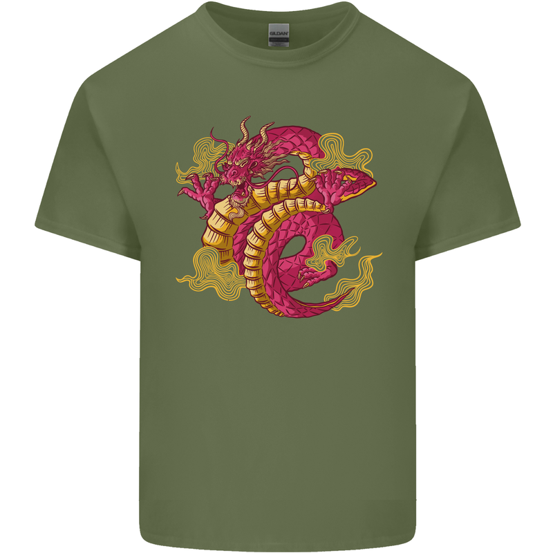 A Chinese Dragon Mens Cotton T-Shirt Tee Top Military Green
