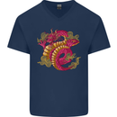 A Chinese Dragon Mens V-Neck Cotton T-Shirt Navy Blue