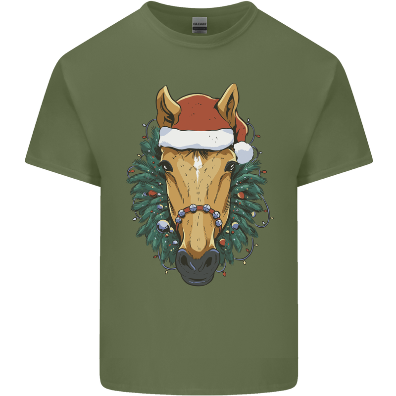 A Christmas Horse Equestrian Mens Cotton T-Shirt Tee Top Military Green