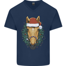 A Christmas Horse Equestrian Mens V-Neck Cotton T-Shirt Navy Blue