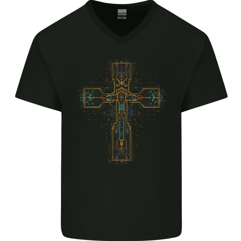 A Circuit Board Cross Gothic Goth Techy Mens V-Neck Cotton T-Shirt Black
