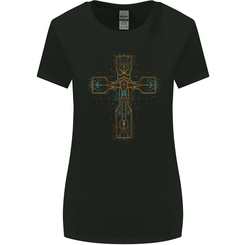 A Circuit Board Cross Gothic Goth Techy Womens Wider Cut T-Shirt Black