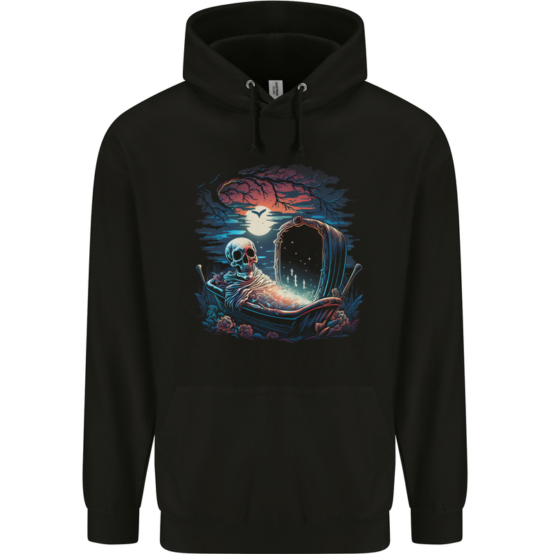 A Coffin and Skeleton in a Graveyard Halloween Childrens Kids Hoodie Black