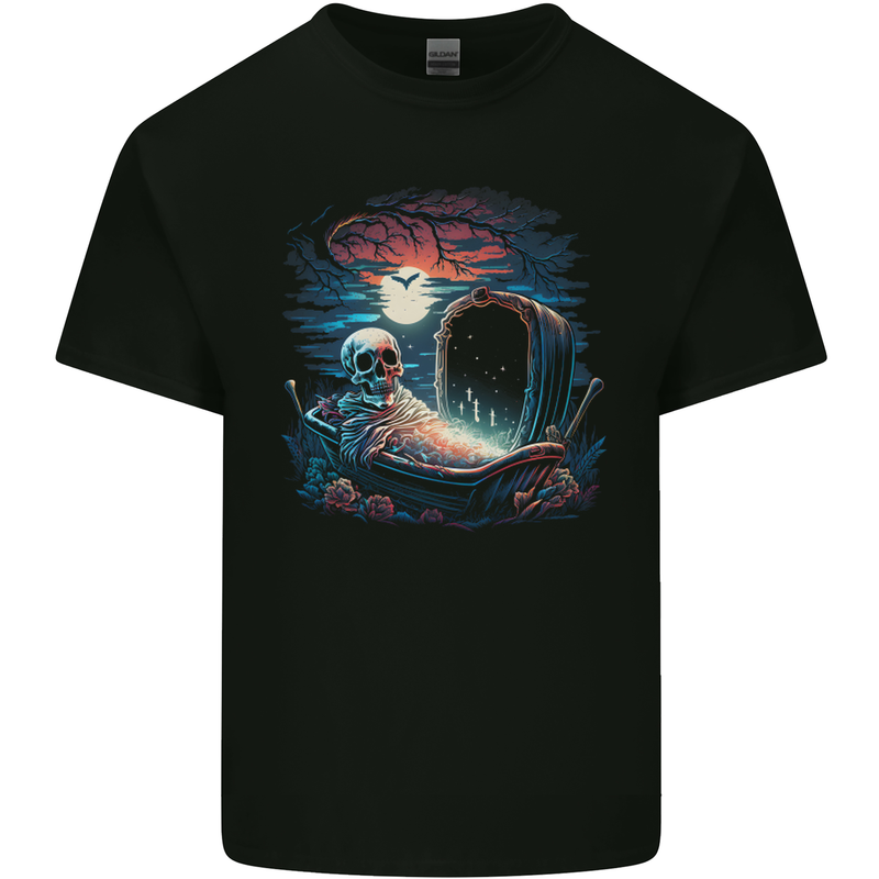 A Coffin and Skeleton in a Graveyard Halloween Kids T-Shirt Childrens Black