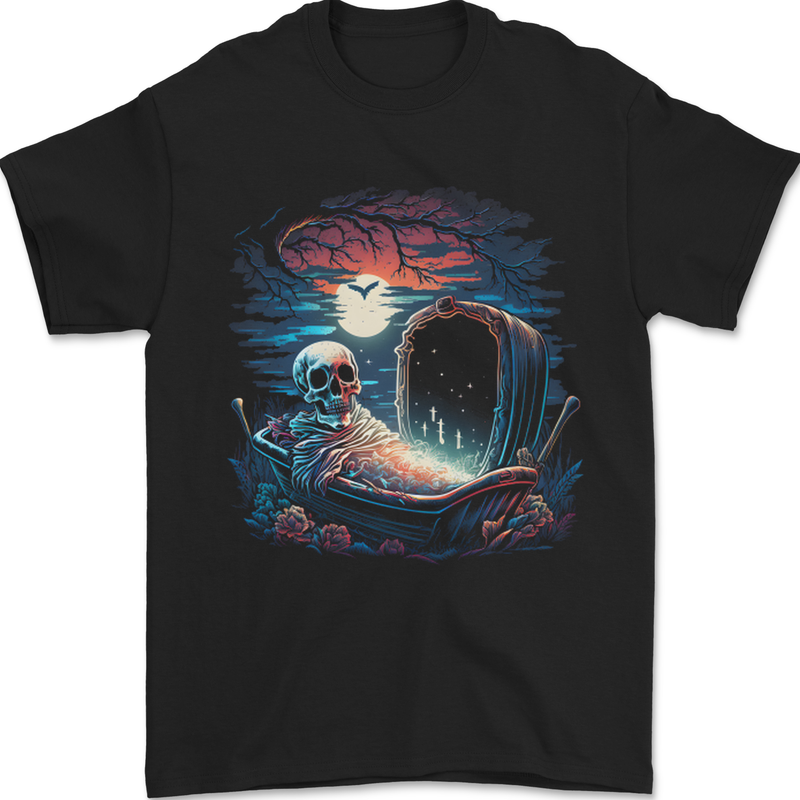 A Coffin and Skeleton in a Graveyard Halloween Mens T-Shirt 100% Cotton Black