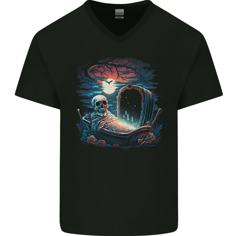 A Coffin and Skeleton in a Graveyard Halloween Mens V-Neck Cotton T-Shirt Black
