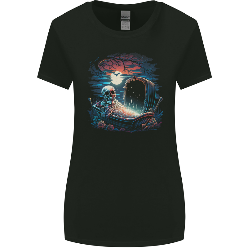 A Coffin and Skeleton in a Graveyard Halloween Womens Wider Cut T-Shirt Black