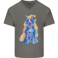 A Colourful Border Collie Dog Mens V-Neck Cotton T-Shirt Charcoal