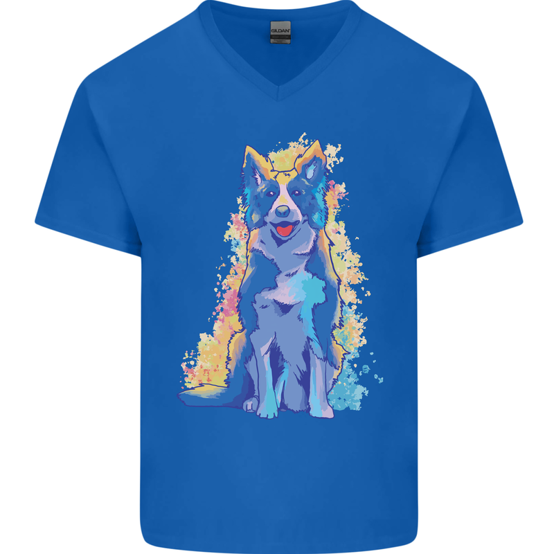 A Colourful Border Collie Dog Mens V-Neck Cotton T-Shirt Royal Blue