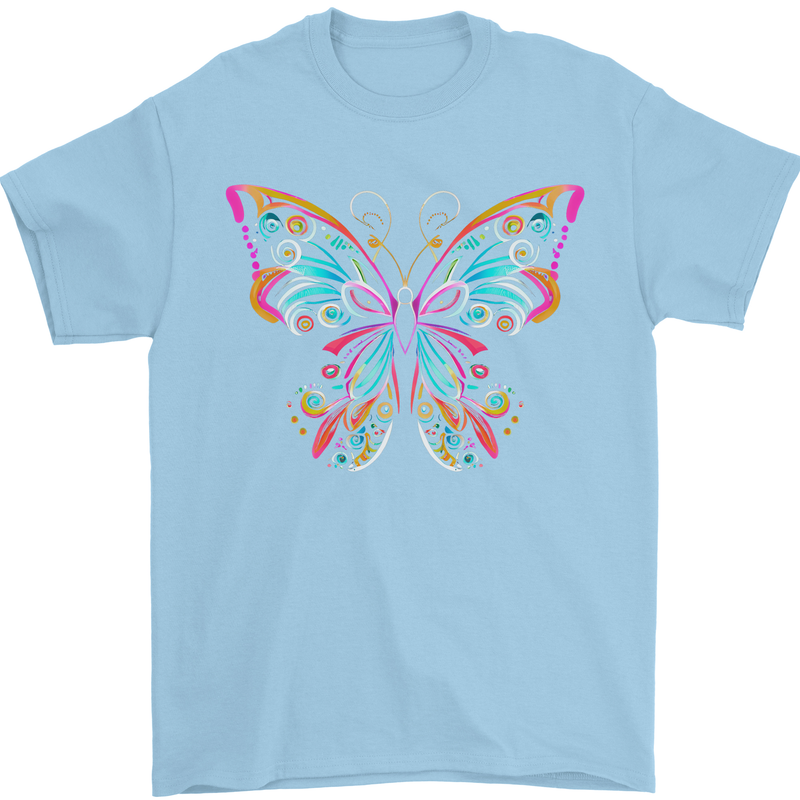 A Colourful Butterfly Mens T-Shirt 100% Cotton Light Blue