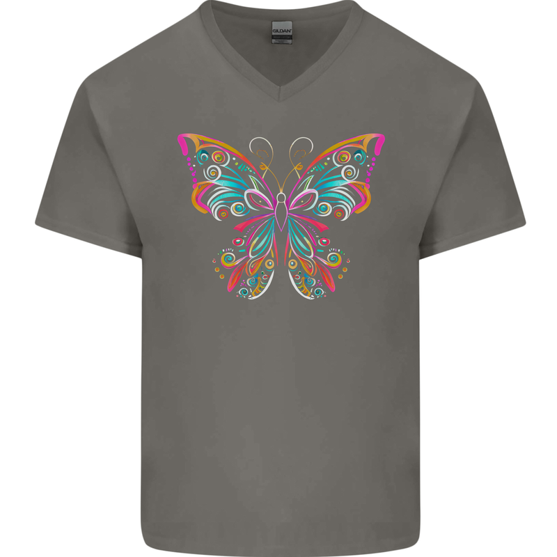 A Colourful Butterfly Mens V-Neck Cotton T-Shirt Charcoal