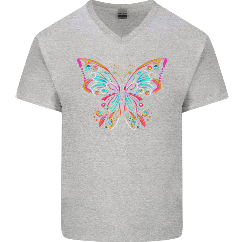 A Colourful Butterfly Mens V-Neck Cotton T-Shirt Sports Grey