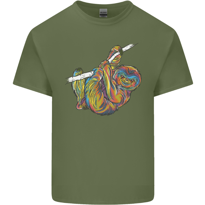 A Colourful Sloth on a Branch Mens Cotton T-Shirt Tee Top Military Green