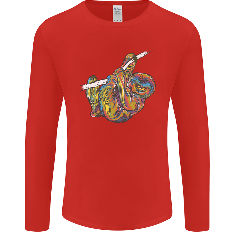 A Colourful Sloth on a Branch Mens Long Sleeve T-Shirt Red