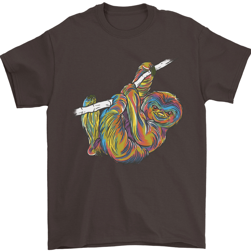 A Colourful Sloth on a Branch Mens T-Shirt Cotton Gildan Dark Chocolate