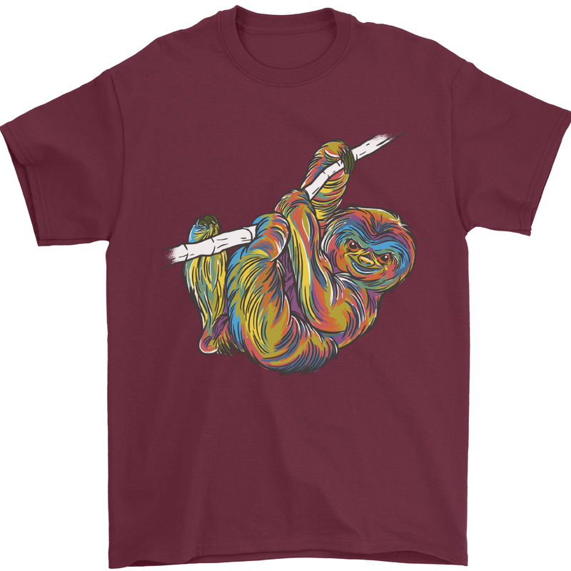 A Colourful Sloth on a Branch Mens T-Shirt Cotton Gildan Maroon