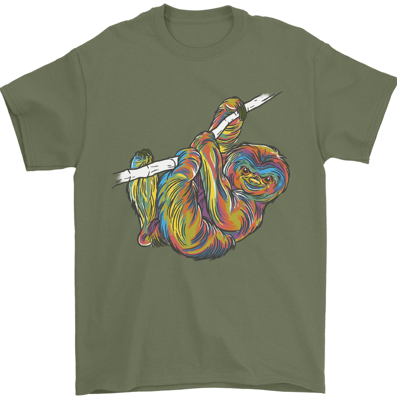 A Colourful Sloth on a Branch Mens T-Shirt Cotton Gildan Military Green