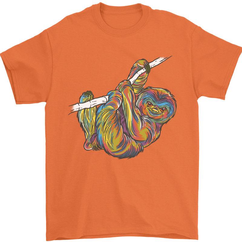 A Colourful Sloth on a Branch Mens T-Shirt Cotton Gildan Orange