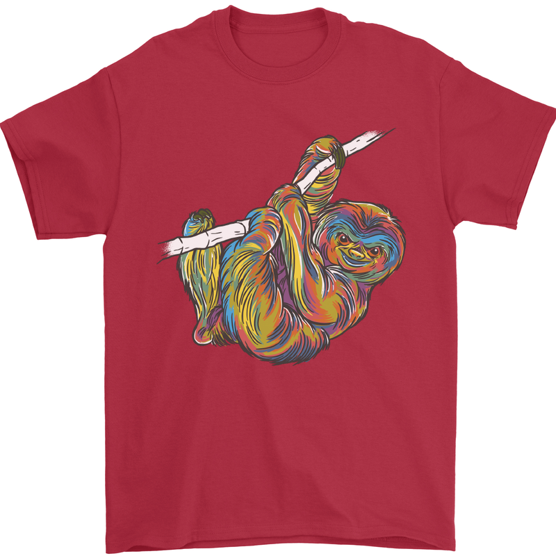 A Colourful Sloth on a Branch Mens T-Shirt Cotton Gildan Red