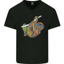 A Colourful Sloth on a Branch Mens V-Neck Cotton T-Shirt Black
