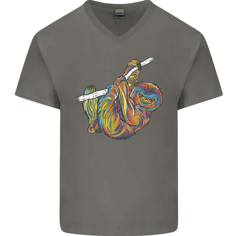 A Colourful Sloth on a Branch Mens V-Neck Cotton T-Shirt Charcoal
